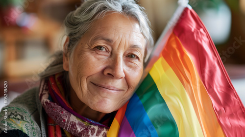 A poignant portrait of an elderly individual holding the pride flag, with a soft smile and eyes filled with wisdom and resilience, reflecting on a lifetime of LGBTQ+ activism and advocacy photo