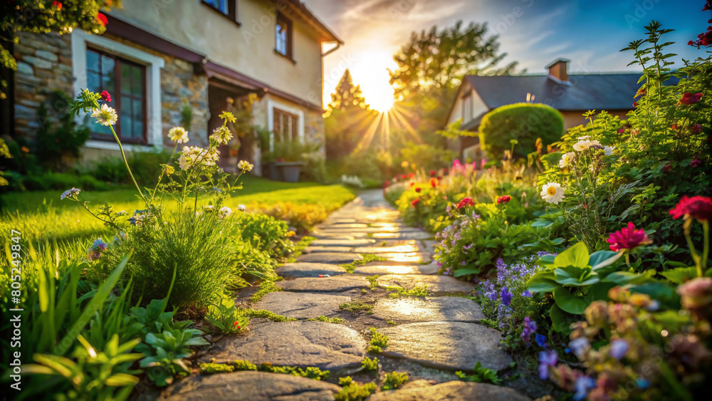 Obraz premium Floral Pathway to a Home Farm Cottage. An enchanting stone pathway, lined with vibrant flowers, meanders through a lush yard, leading to the inviting door of a charming cottage nestled in Home Farm.