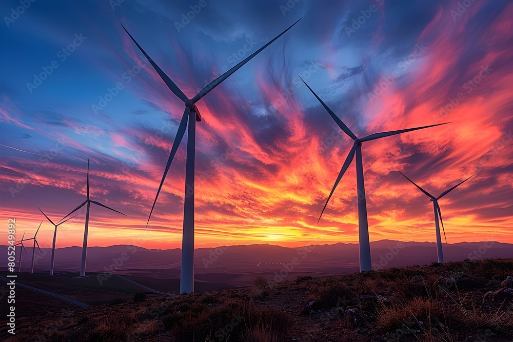 Dramatic Sunset Over Wind Turbines in Scenic Natural Landscape Renewable Energy and Environmental Conservation