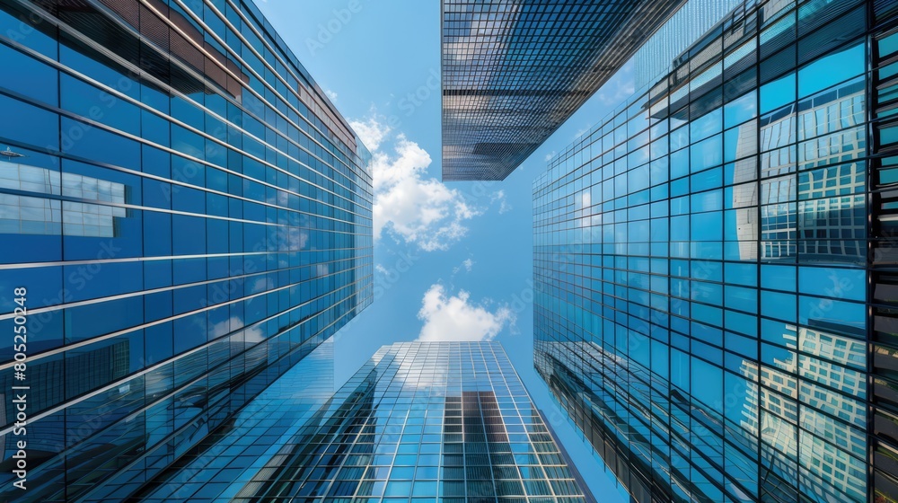 Closeup, glossy skyscrapers of a future city, clear sky, midday sun, high saturation, view from the road