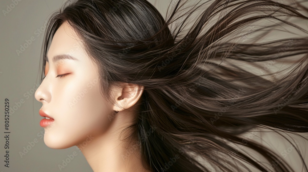 Portrait of beautiful asian woman with long brown hair, close up. Portrait of beautiful asian woman with long brown hair, close up.