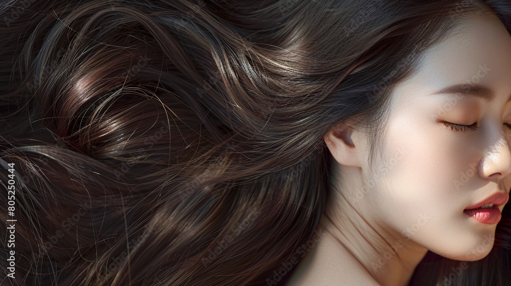 Portrait of beautiful asian woman with long brown hair, close up. Portrait of beautiful asian woman with long brown hair, close up.