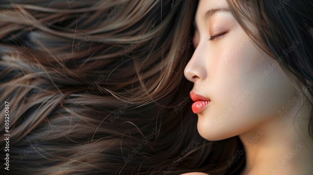 Portrait of beautiful asian woman with long brown hair, close up. Portrait of beautiful asian woman with long brown hair, close up.