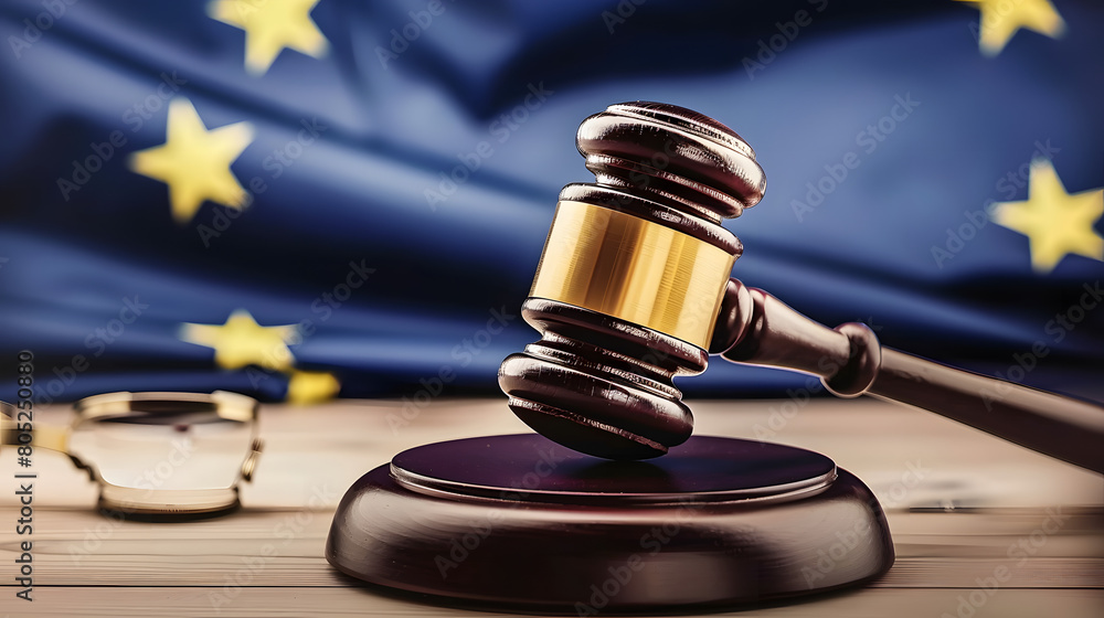 EU flag and wooden gavel on table with text space EU flag and wooden gavel on table with text space