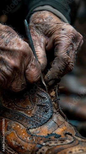A craftsman's hands at work, carefully repairing a worn shoe with traditional tools, showcasing the enduring art and skill of cobbling