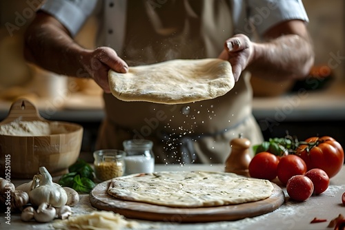 Skilled Chef Tossing Pizza Dough Creating Thin Crust Masterpiece with Ingredients Ready for Assembly in Professional Kitchen Setting