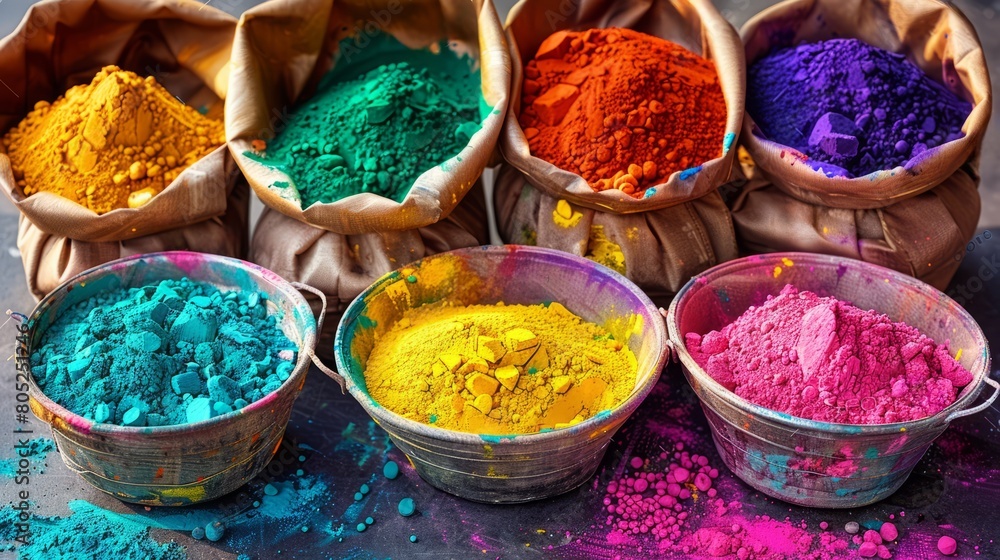 Indian Colorful Powders Symbolize Unity and Joy During Holi Celebrations Indian Colorful Powders Symbolize Unity and Joy During Holi Celebrations