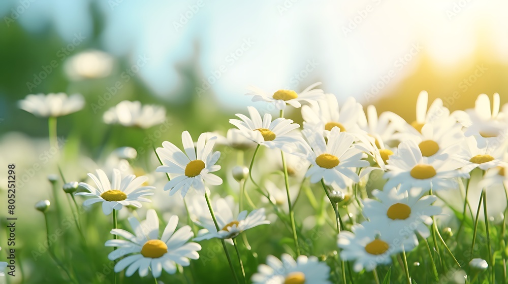 Delicate daisy flowers swaying in a gentle breeze, their bright white petals contrasting against the greenery of a meadow.