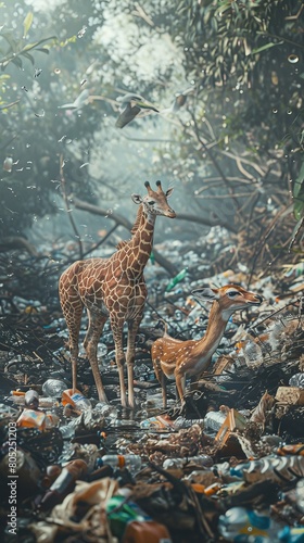 A dramatic image of wildlife entangled in single-use plastic bags amidst a trash-filled landscape  highlighting the toxic impact on nature