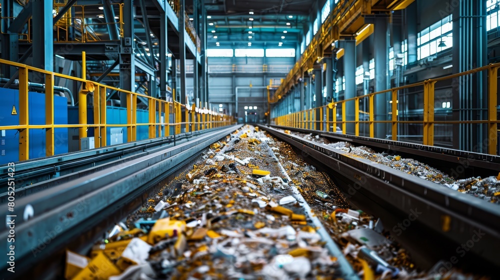 A high-tech facility that processes electronic waste into new products, visualizing the fusion of technology with recycling efforts to protect nature A high-tech facility that processes electronic waste into new products, visualizing the fusion of technology with recycling efforts to protect nature