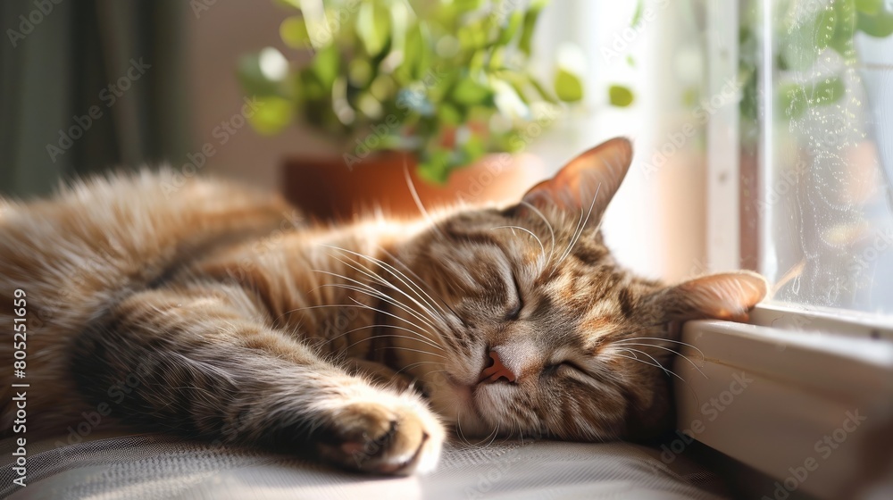 A serene scene of a cat curled up in a sunny window nook, softly sleeping and completely relaxed, epitomizing the peace pets find in their favorite spots