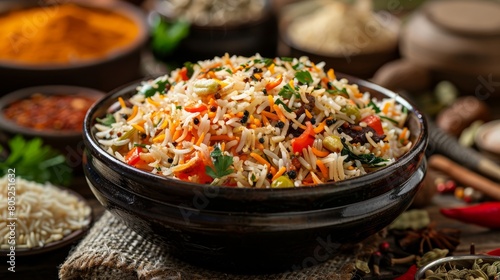 A scoop of rice from a colorful biryani, a popular dish in South Asian cuisine, set against a backdrop of spices and ingredients from around the world