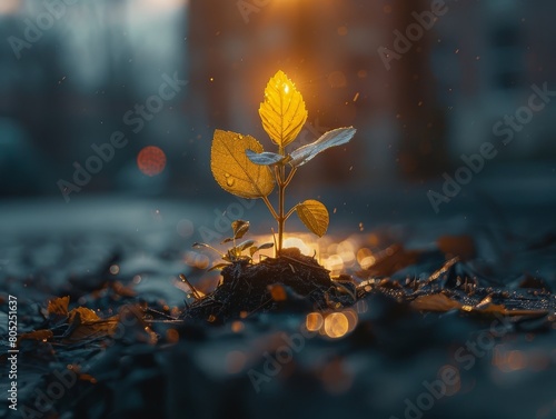 A seedling emerging from the earth at sunrise, its leaves bathed in soft light, symbolizing hope and new beginnings in the botanical world