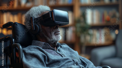 Disabled old black man with grey hair sitting on a wheelchair, wearing a virtual reality headset photo