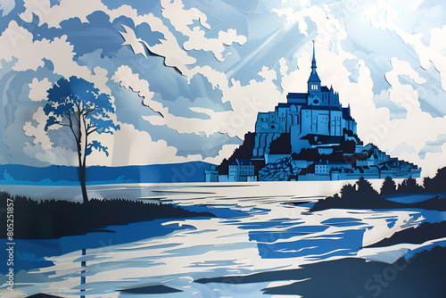 Mont Saint Michel captured in an elegant paper cut design highlighting its iconic silhouette against the French landscape  photo
