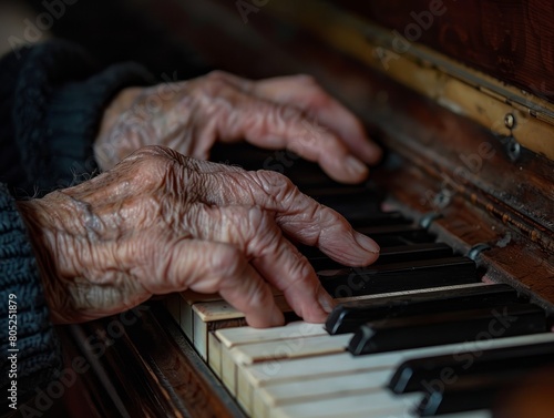 An aged, experienced pianist's fingers delicately pressing the ivory keys, each note resonating with a lifetime of musical knowledge and passion, captured in exquisite detail