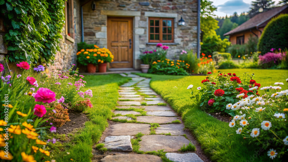 Floral Pathway to a Home Farm Cottage. An enchanting stone pathway, lined with vibrant flowers, meanders through a lush yard, leading to the inviting door of a charming cottage nestled in Home Farm.