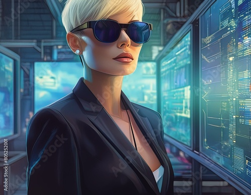 a young attractive woman with short blond hair in a black suit and dark sunglasses in a computer room in front of a huge screen with security software looks up seriously