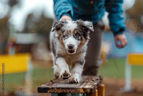 An experienced dog trainer patiently guiding a puppy through an agility course, demonstrating the principles of mentorship and teaching in animal training