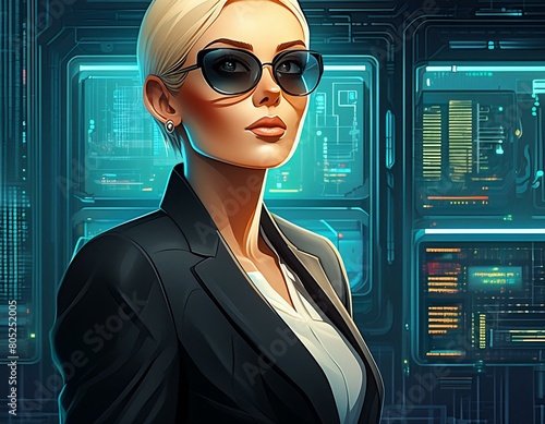 a young attractive woman with short blond hair in a black suit and dark sunglasses in a computer room in front of a huge screen with security software looks up seriously