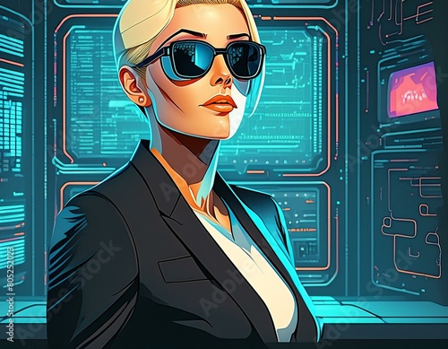a young attractive woman with short blond hair in a black suit and dark sunglasses in a computer room in front of a huge screen with security software looks up seriously