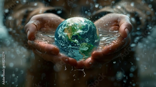 Hands cradling a small, verdant Earth, with elements of water, greenery, and clean energy in balance, showcasing an eco-friendly vision for our planet