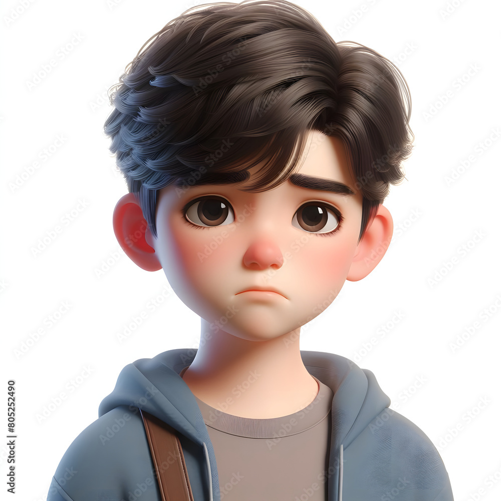 Asian cartoon character boy, young man portrait, male, Sad mood, feeling expression concept, Isolated on a white background Asian cartoon character boy, young man portrait, male, Sad mood, feeling expression concept, Isolated on a white background