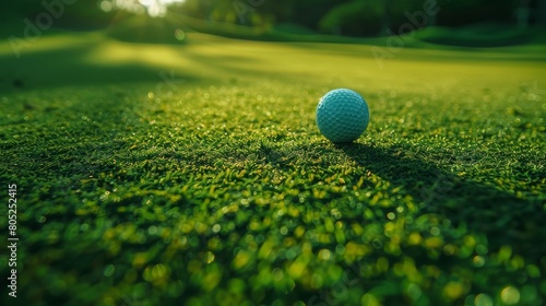 The intensity of a golf game captured with a zoomed-in shot of a golf ball on vibrant grass, a golfer's shadow looming over, reflecting sheer determination and focus