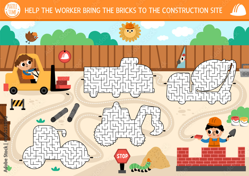 Construction site geometrical mazes for kids with industrial landscape ...