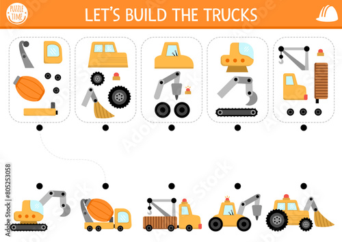 Construction site matching and logical activity with special technics and its components. Assemble the truck from its spare parts puzzle. Match the parts and whole object game, printable worksheet.