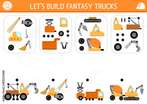 Construction site matching, logical activity with fantasy special technics and its components. Assemble truck from its spare parts puzzle. Match parts and whole object game, printable worksheet.