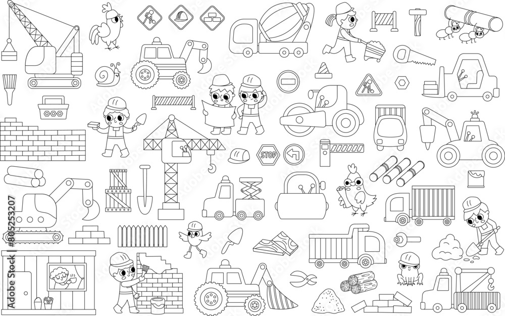 Black and white vector construction site and road work set. Building line icons collection with funny kid builders, transport, bulldozer, tractor, truck, crane. Cute repair service coloring page