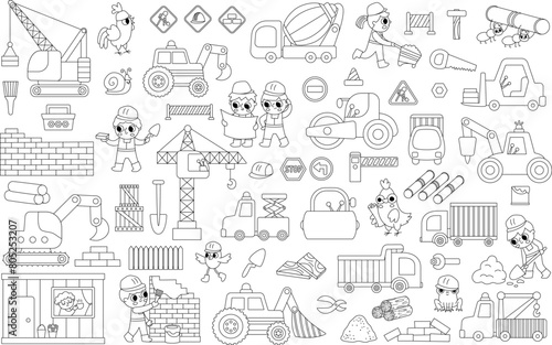 Black and white vector construction site and road work set. Building line icons collection with funny kid builders, transport, bulldozer, tractor, truck, crane. Cute repair service coloring page