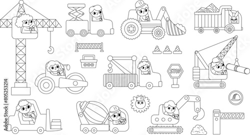 Black and white vector special transport set with drivers. Construction site, road work, transport line icons, coloring page with bulldozer, tractor, truck, crane. Repair service vehicles.