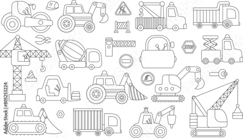 Black and white vector special transport set. Construction site, road work, building transport line icons with bulldozer, tractor, truck, crane. Cute repair service vehicles coloring page