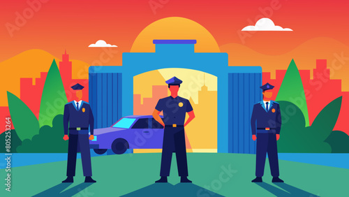 photo for advertising a private security company and security guards, all black uniform with short sleeves and a cloth cap, standing next to a patrol car