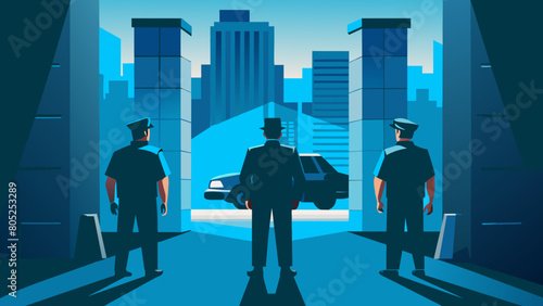 photo for advertising a private security company and security guards, all black uniform with short sleeves and a cloth cap, standing next to a patrol car