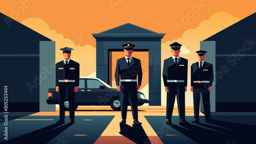 photo for advertising a private security company and security guards, all black uniform with short sleeves and a cloth cap, standing next to a patrol car