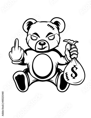 Angry Teddy with Money Bag | Hipster | Bandit Middle Finger | Gangster Bear | Zoo Animal | Hooligan Bad Goon | Money Bag | Original Illustration | Vector and Clipart | Cutfile and Stencil