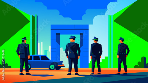 photo for advertising a private security company and security guards, all black uniform with short sleeves and a cloth cap, standing next to a patrol car