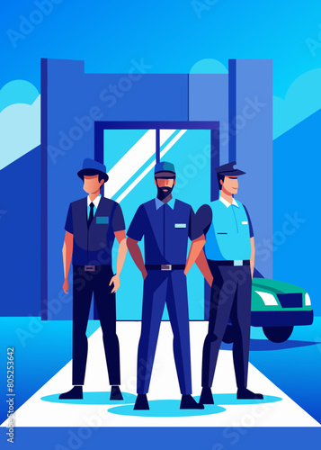 photo for advertising a private security company and security guards, all black uniform with short sleeves and a cloth cap, standing next to a patrol car