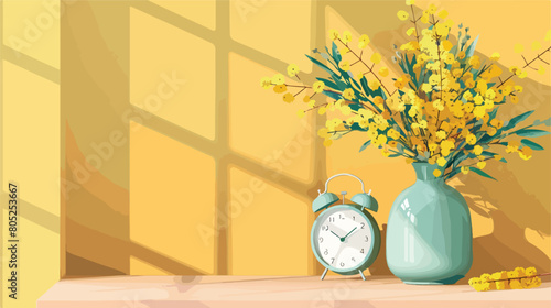 Vase with mimosa flowers and alarm clock on table near
