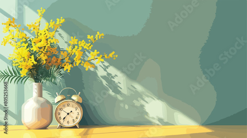 Vase with mimosa flowers and alarm clock on table near
