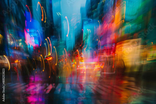 Neon abstract expressionism clashes with a blurred city background, symbolizing vibrant urban chaos  photo