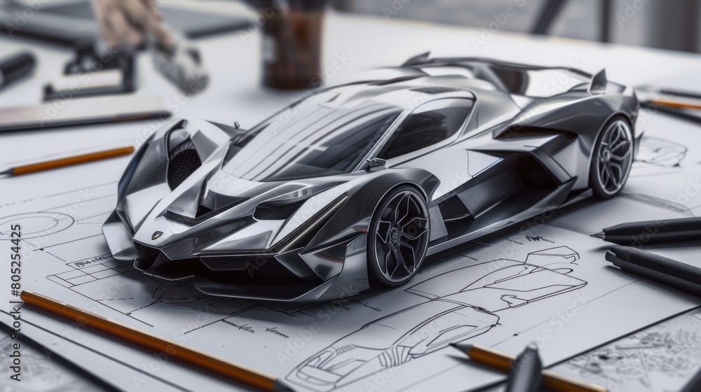 A detailed conceptual drawing of a futuristic sports car on paper surrounded by design tools,industrial design sketch,Ingénieur conception automobile dessin croquis développement. Generated AI