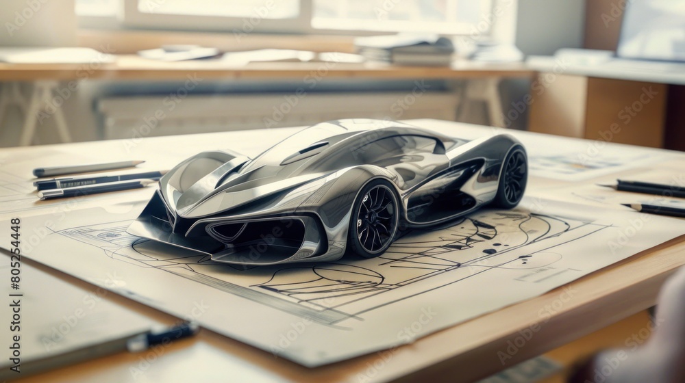 A detailed conceptual drawing of a futuristic sports car on paper surrounded by design tools,industrial design sketch,Ingénieur conception automobile dessin croquis développement. Generated AI A detailed conceptual drawing of a futuristic sports car on paper surrounded by design tools,industrial design sketch,Ingénieur conception automobile dessin croquis développement. Generated AI