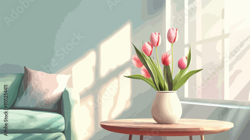 Vase with tulips on table in light living room interi photo