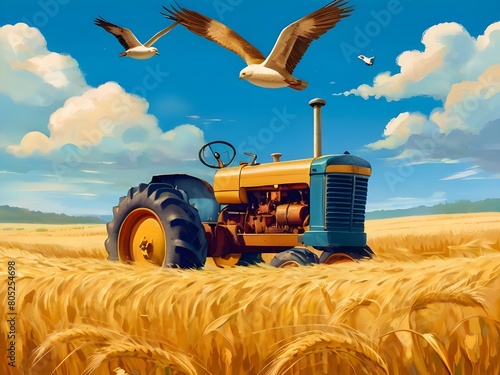 combine harvester working in the field A charming illustration of a vintage tractor amidst a golden wheat field, with birds soaring overhead and fluffy clouds drifting across the blue sky, evoking a n