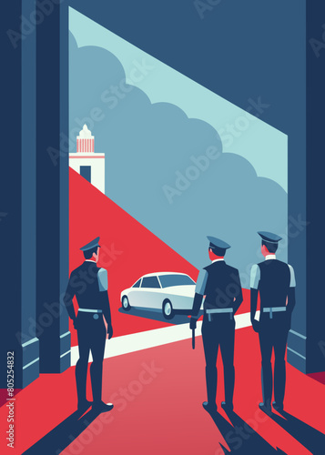 photo for advertising a private security company and security guards, all black uniform with short sleeves and a cloth cap, standing next to a patrol car