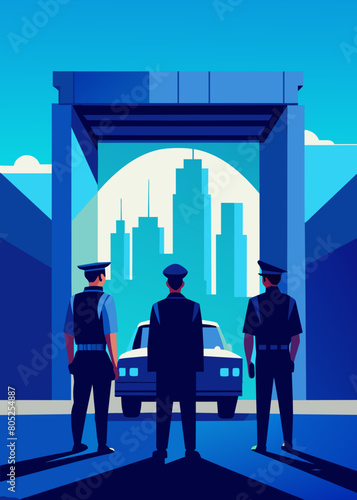photo for advertising a private security company and security guards, all black uniform with short sleeves and a cloth cap, standing next to a patrol car